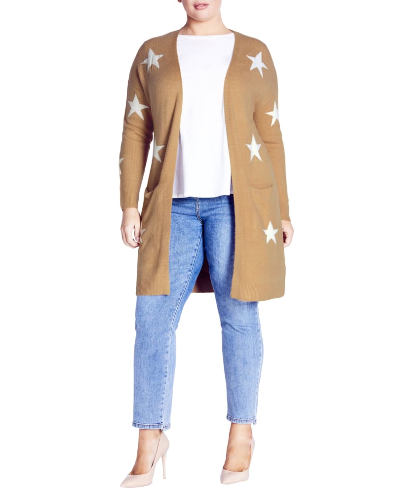 Front of a model wearing a size 14 Starry Cardigan in Camel Marle by Evans. | dia_product_style_image_id:303233
